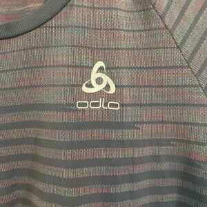 Odlo Ceramicool Athletic T Shirt Women's Odyssey Gray Purple Striped Cap Sleeved